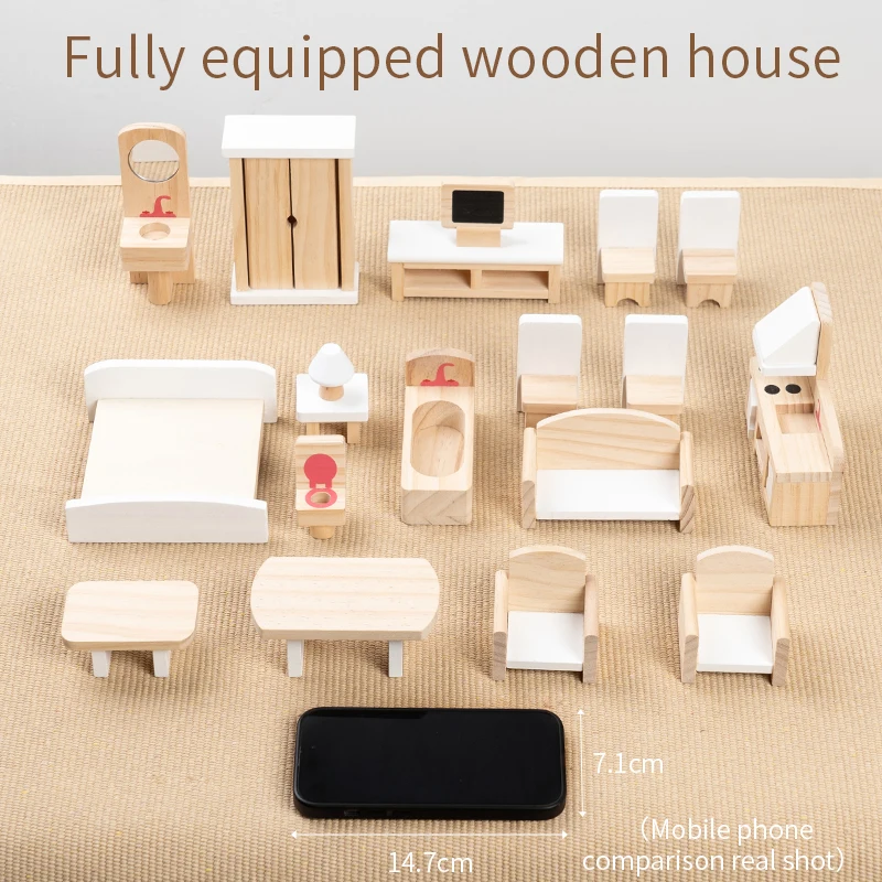 Children wooden mini simulation small furniture set toys girl role play toy small villa decoration accessories wooden diy toy