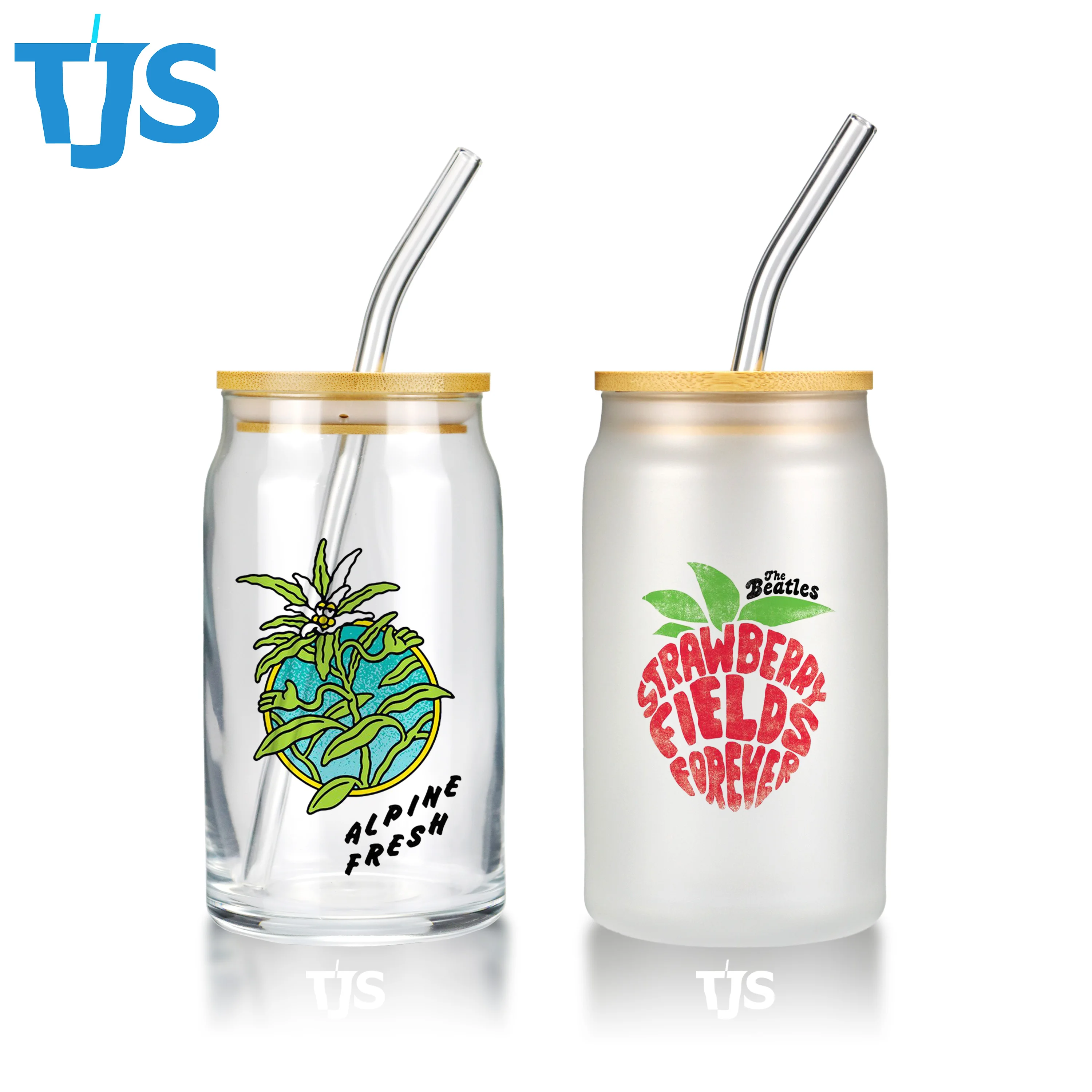 TJS 12oz 16oz Sublimation Glass Beer Mug Clear Glass Frosted Glass Can Coffee Mug With Bamboo Lid and Straw