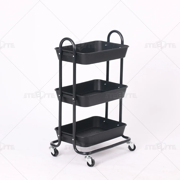 Multi-Purpose 3-Tier Steel Cart white black Metal frame plastic basket Trolley Cart Kitchen Vegetable Storage Cart Design
