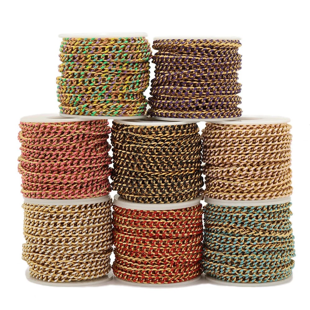 Wholesale 304 Stainless Steel Colorful Gold Plated Chunky Style Faceted Enamel Plated Bulky Link Chain Cuban Link Chains
