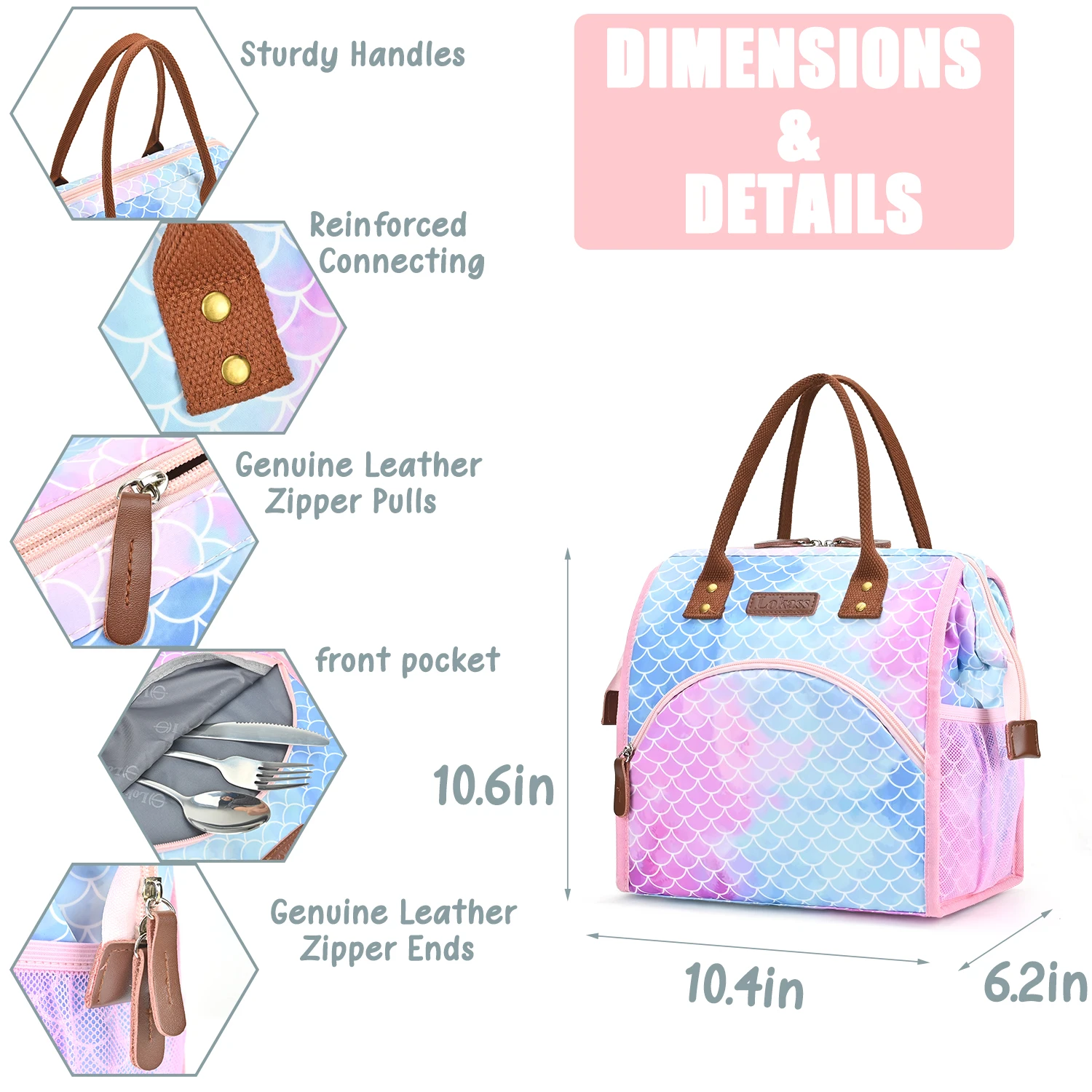 Lokass Free Sample Customized Lunch Bag 2022 Newest Design Fish Scale Pattern Blue Pink Mixed Insulated Cooler Lunch Bag
