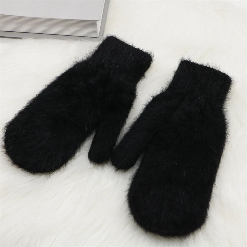 Women Ladies Solid Winter Fuzzy Rabbit Hair Blended Knitted Mittens White Hot Pink Warm Thick Warm Outdoor Mitts Gloves