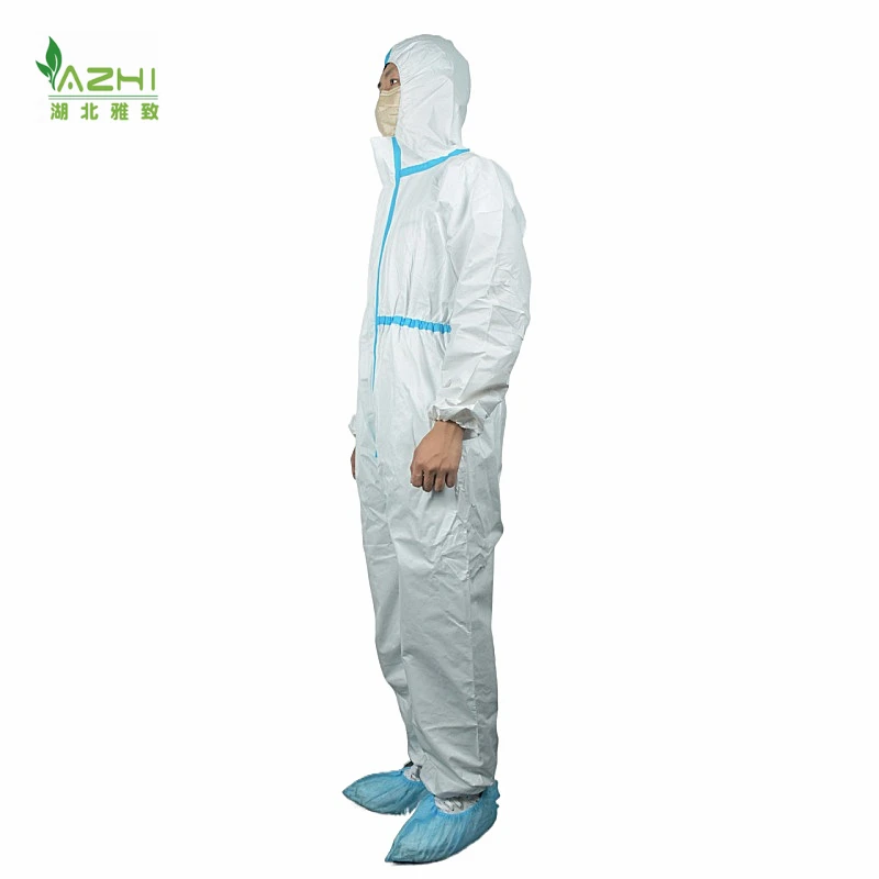 Promotion season with big discount for disposable protective coverall white color with hood without boots style with bule tape