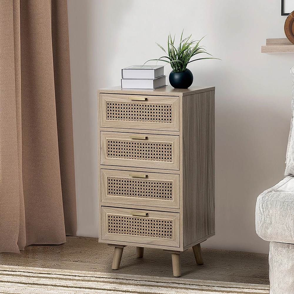 Modern Retro Design Rattan Woven Drawer Cabinet Wood Grain Storage Cabinet