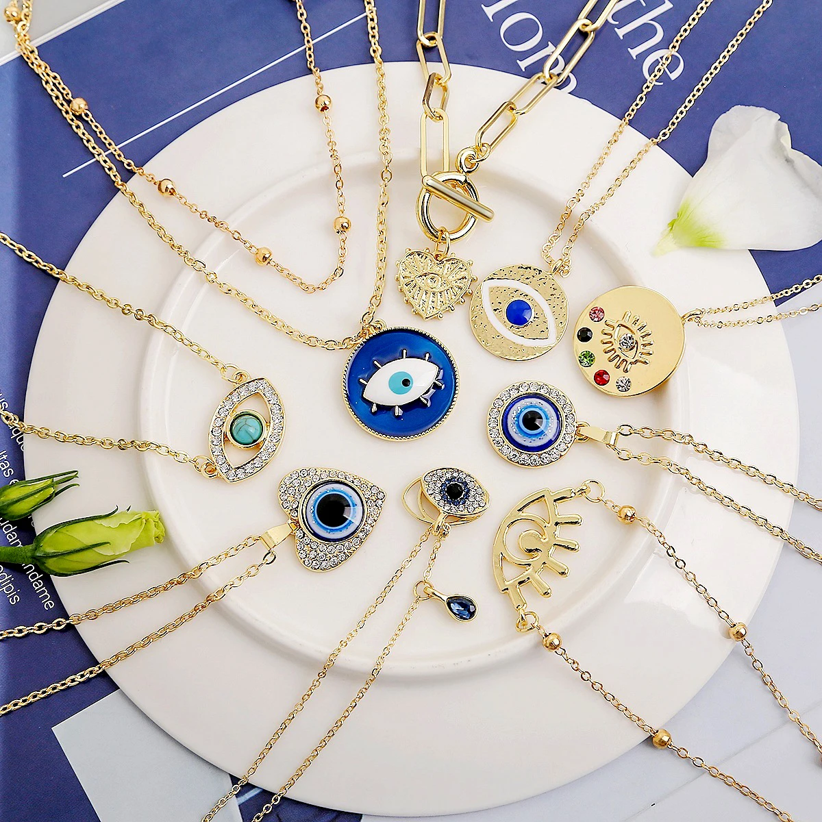 Wholesale Turkish Ethnic Style 18k Gold Plated Crystal Blue Evil Eye Pendant Necklace Jewelry For Women