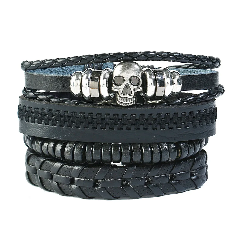 Manufacturer Direct Selling Vintage Woven genuine leather bracelet Punk rock Skull bracelet fashion jewelry