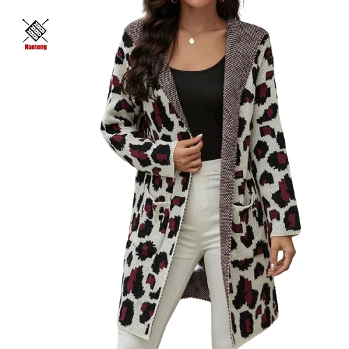 
Factory Wholesale Winter Allover Print Ladies Leopard Rib Knit Long Sweater Cardigan Hood 