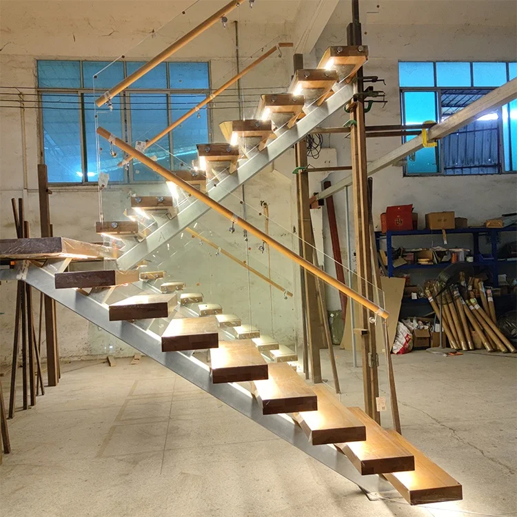 Manufacturer Supply Metal Outdoor Wrought Iron Railing Handrail Stair Oak Wood Tread And Riser Indoor Mono Stringer Staircase