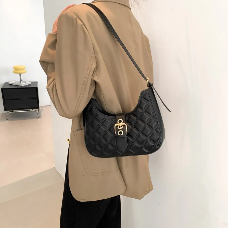 Wholesale Cool Pure Color Shoulder Bag Women PU Leather Underarm Bags Rhombus Indentation Handbags for Girls