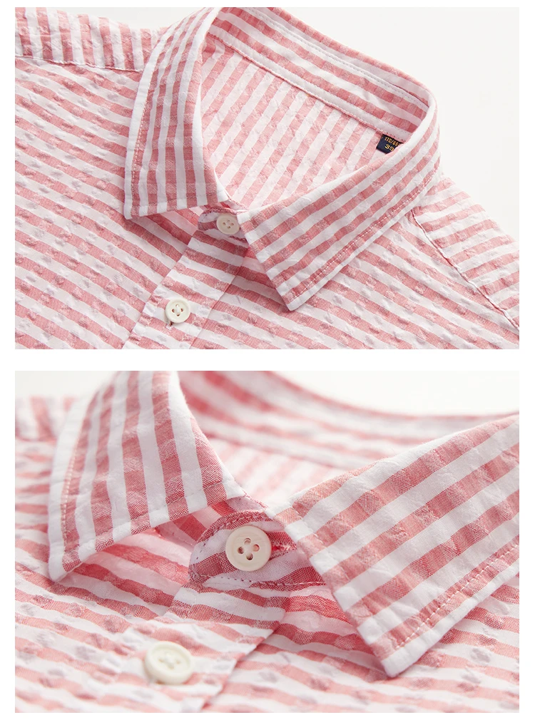 High Quality Summer Slim Youth breathable anti-wrinkle Square collar Business Casual Dark Red Striped short-sleeved shirt Men