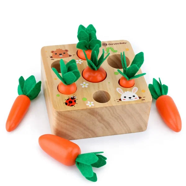 Carrot Harvest Game Wooden Toy for Boys and Girls 1 2 3 Year Old. Shape Sorting Matching Puzzle Toy with 7 Sizes Carrots.