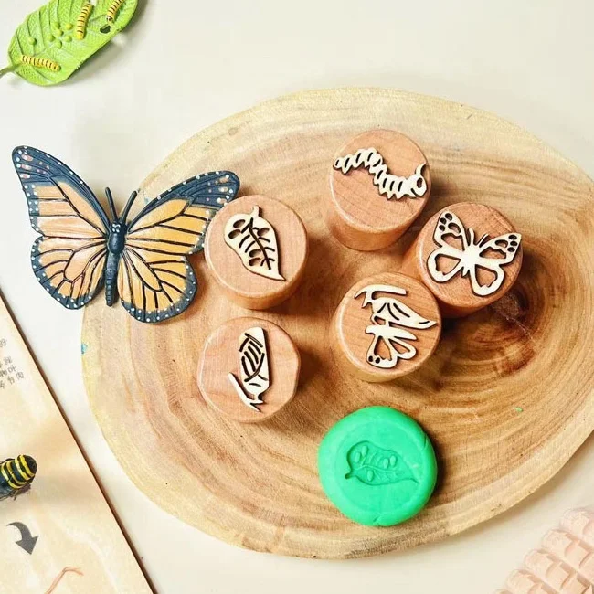 Customize Waldorf Wooden Embossed Patterned Stamp Playdough Toys Handmade Wooden Stamps