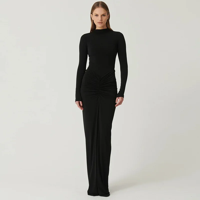 Fashionable Solid Color Long Sleeve Casual Slip Midi Classic Elegant Dresses Women