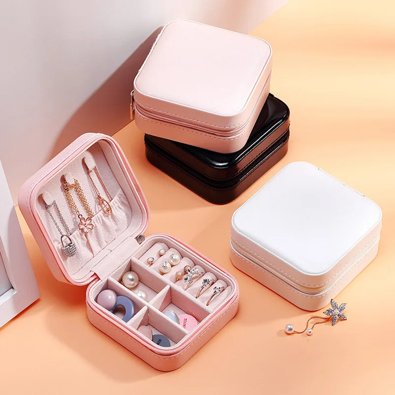 
New Fashion Portable Pu Single-Layer Earrings Ring Small Leher Travel Boxes Gift Display Necklace Simple Storage Jewelry Box 