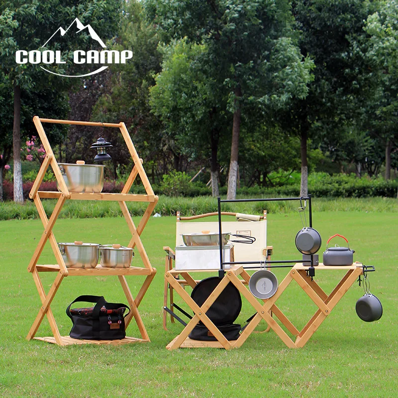 BETTTERALL Multi-Function Outdoor Camping Three Layers Wooden Storage Shelf 2 in 1 Wood Storage Shelf Outdoor Folding Table