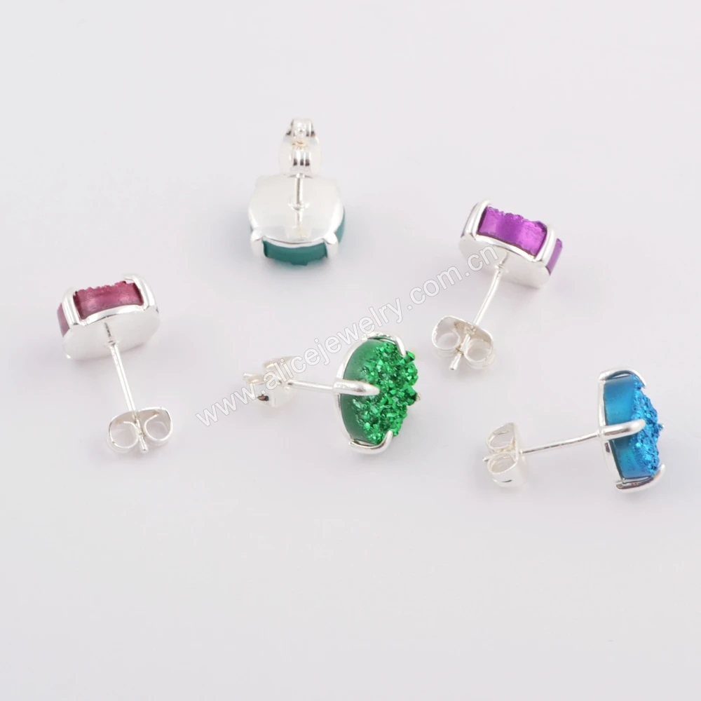 ZG0412 Prong setting 10mm round natural agate druzy stud earrings
