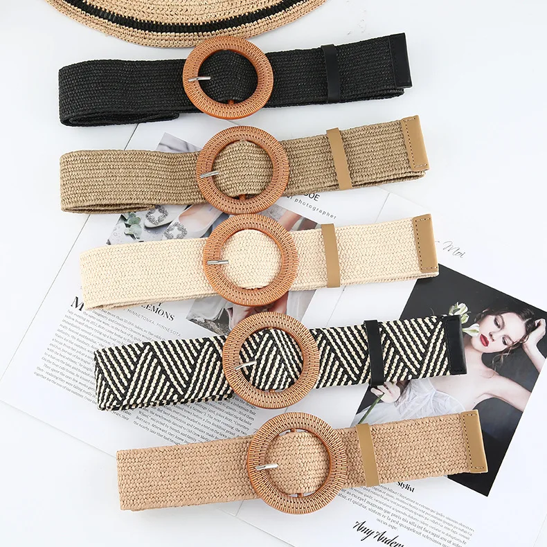Various Design Women Skinny Dress Stretch Waist Belt PP Straw Woven Elastic Belt With Wooden Round Square Buckle