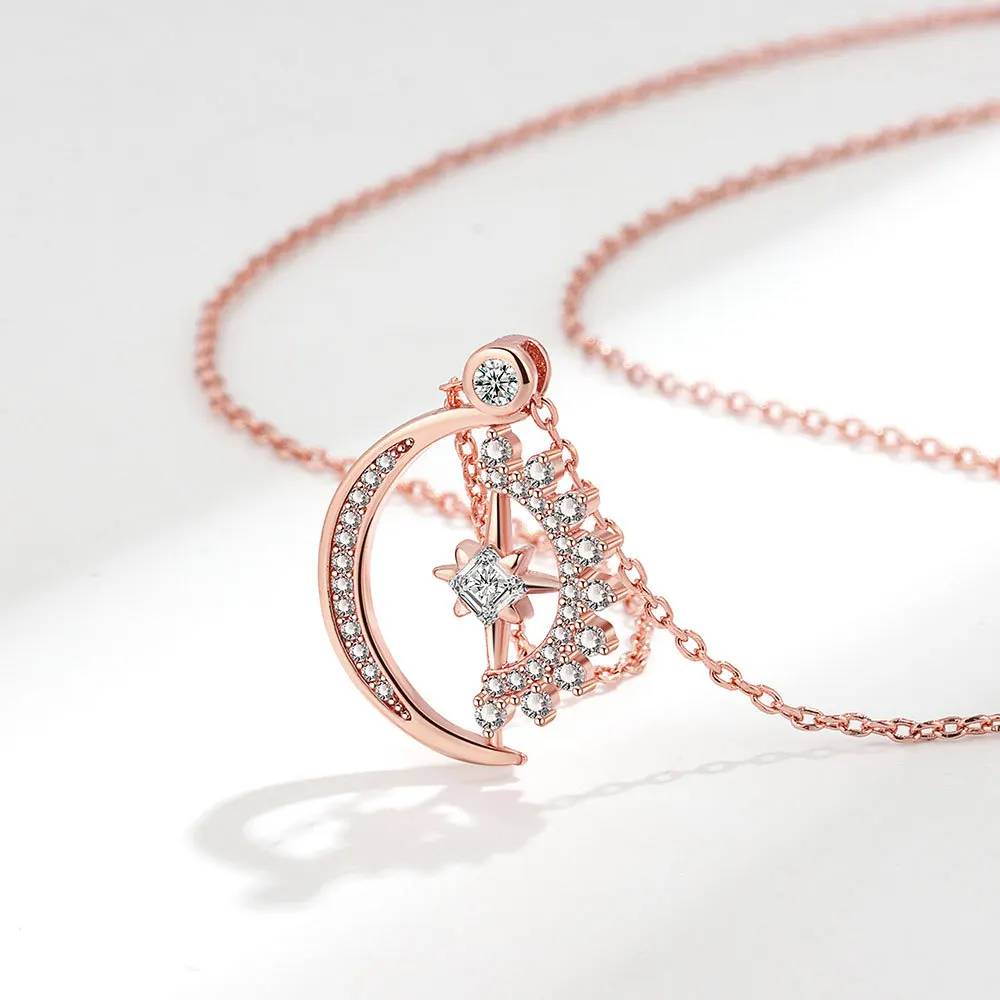 Hot Selling Anti Stress Spinner Fidget Necklaces Jewelry Crystal Spinning Anxiety Necklace Rotatable Zircon Moon Star Necklace