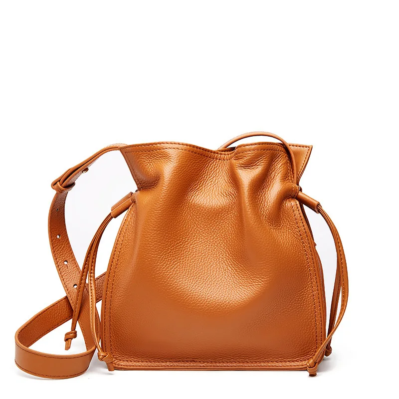 Gionar Real Leather Fashion Bucket Totes Simple Formal Handbags Crossbody Bags Top Grade Cowhide Full Grain Leather for Women