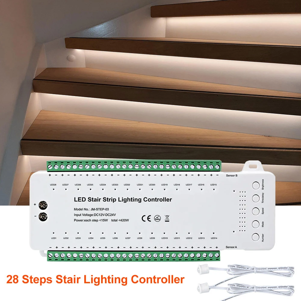 New 420W DC12V 24V Delay time 28 Steps Stair LED Lighting controller Stair Sensor for stair led light