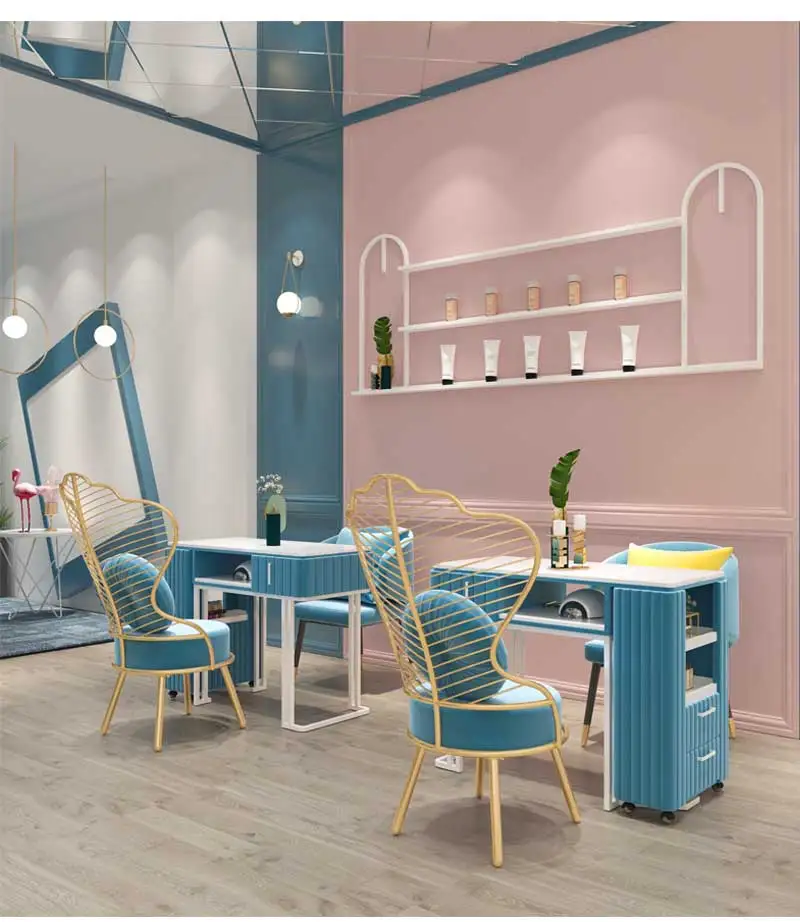 ins style modern salon beauty shop dining table double manicure and chair gold iron foot cover combination