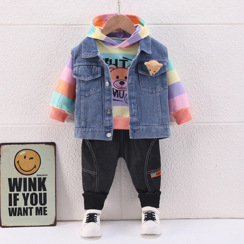Top and pants matching set for 1-5 year old baby girls cute rainbow sweater jacket denim vest