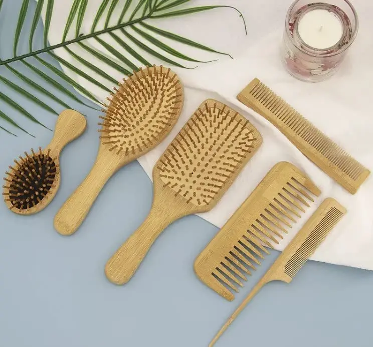 6 in 1 Wooden Natural Bamboo Detangling Hair Brush and Comb Set