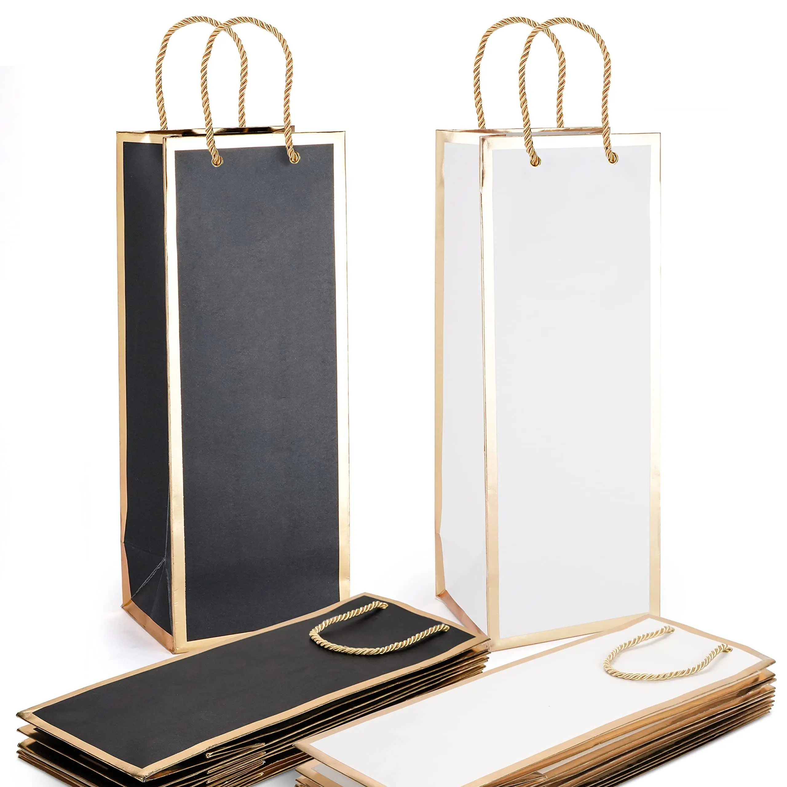 High Quality Wholesale Custom Logo Ecological Recyclable Gift Art Paper Bags Black White Color Wine Bottle Package