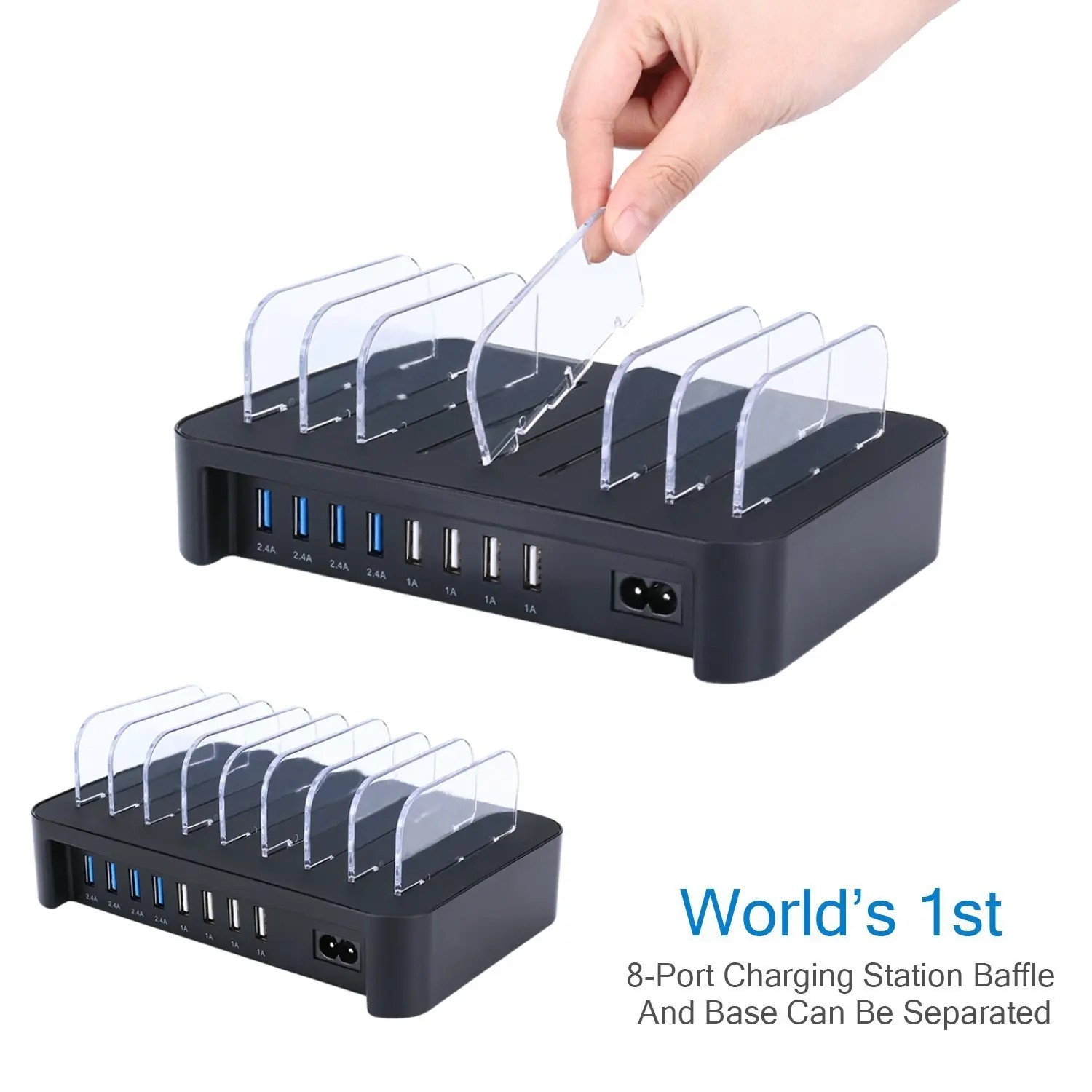 Multi Charging Station 8-Port USB Charger for Multiple Device with SmartIC Tech and Adjustable Dividers, Organizer Stand