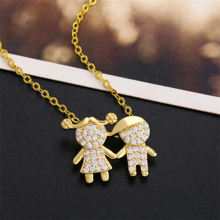 Best Friend Gift New Design Copper Cute Boy Girl Necklaces Women Hand In Hand Children Zircon Necklace Family Jewelry