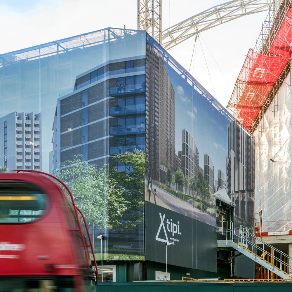 Custom Commercial Grade Scaffold Mesh Banner with Double-Stitched Seam Digital Printing Insurance Metal Grommets Building Wrap