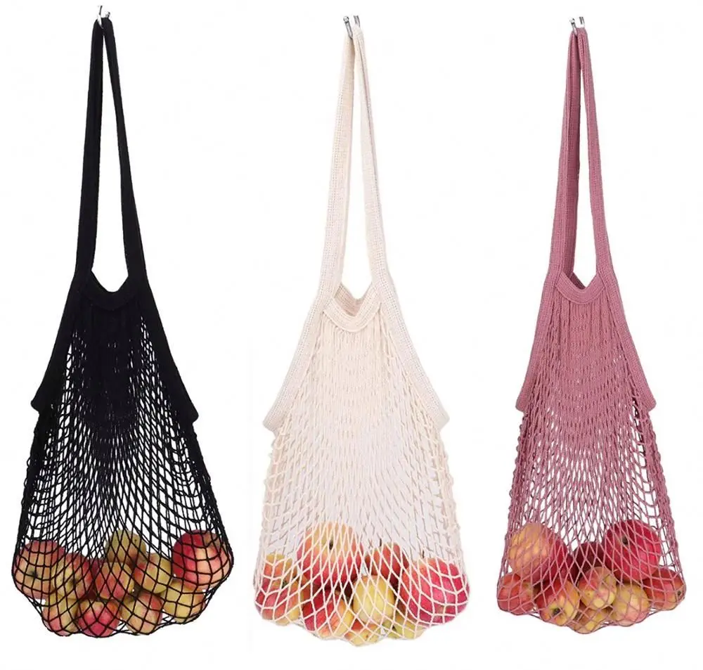 Long Handle Net String Shopping Bag Cotton Reusable Shopping Tote Net String Organizer bag