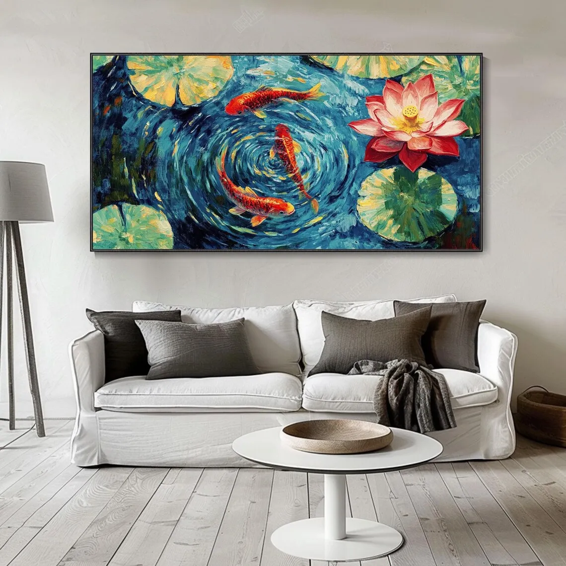 SQ Lotus Red Koi Fish Oil Painting Abstract Floral Art Modern Wall Decor Large Colorful Water Lilies Contemporary Home Decor