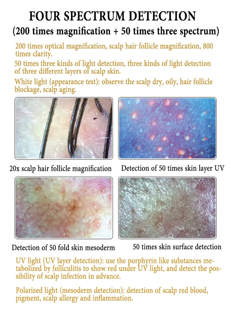 Four-spectrum HD scalp skin detector Hair follicle analyzer Facial HD detection analyzer Multi-functional