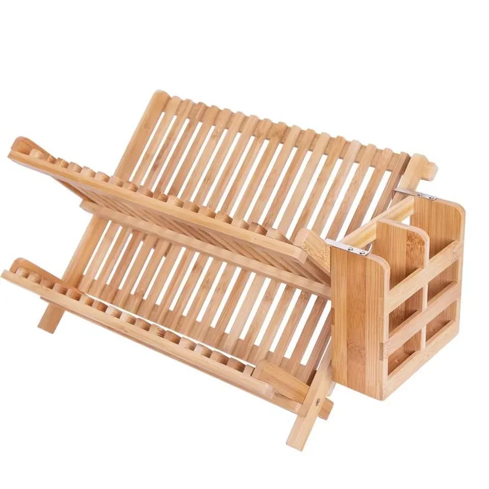 3 Tier Large Collapsible Bamboo Folding 2-Tier Collapsible Drainer Dish Drying Rack with Utensils