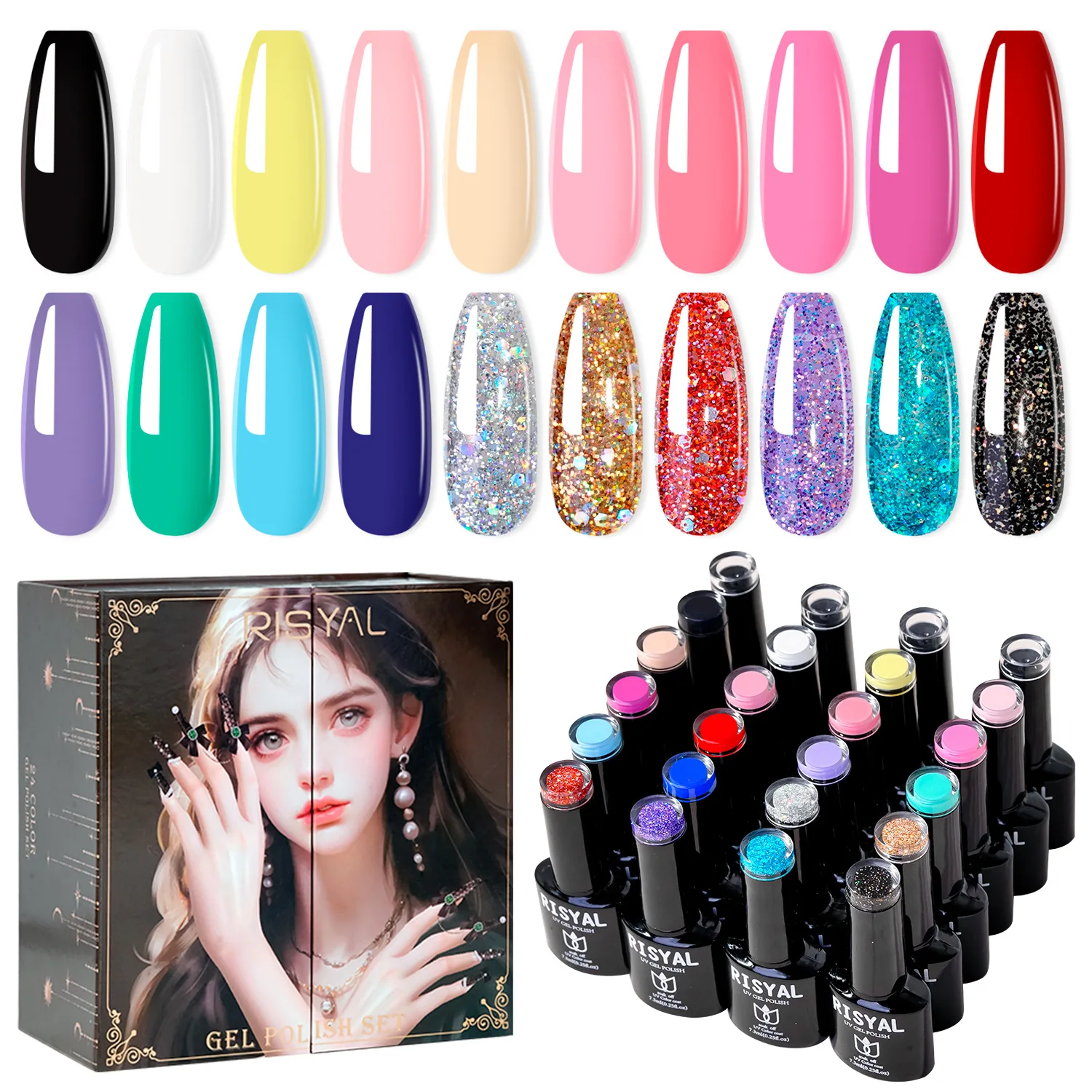 24pcs/set Long-Lasting UV Gel Nail Polish Set Functional Glue with Base Coat Top Coat Nail Art Polish