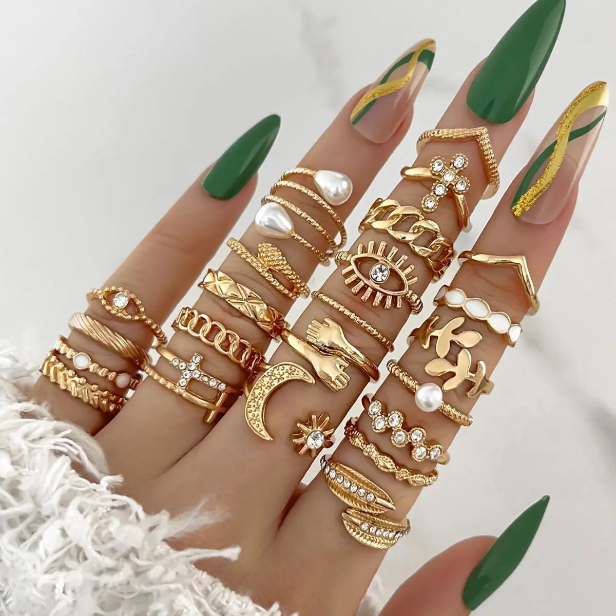 23pcs/set Shining Sun Moon Eye Ring Set for Women Rhinestone Cross Glossy Leaf Pearl Rings Set Girl Female Party Jewelry
