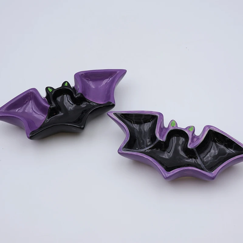 Handmade Halloween home decor candy food organizer unique custom ceramic 3d purple bat shaped petite ceramic plate