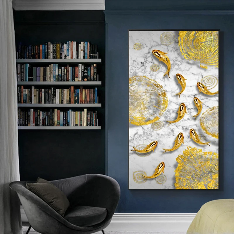 Luxury Golden Koi Fish Crystal Porcelain Painting Art Prints Custom Size Wall Art for Home Decor and Office for Hotel Use