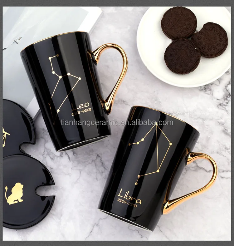 Cheap Price  White Black 12 Constellations Gold Pattern Ceramic Coffee Mug With Lid Spoon And Gold Handle For Souvenir.jpg