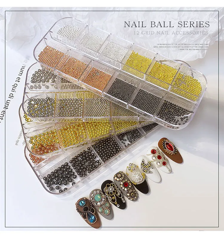 Mini Small Stainless Steel Caviar Beads Nail Rhinestones 12Grids/Box Mixed Size Silver Rose Gold Micro Ball Nail Art Charms