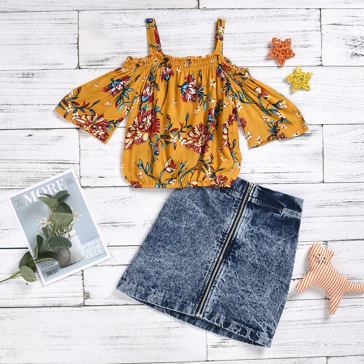 High Quality Floral Suspender Top and Denim Skirt Kids Girl Clothes Set