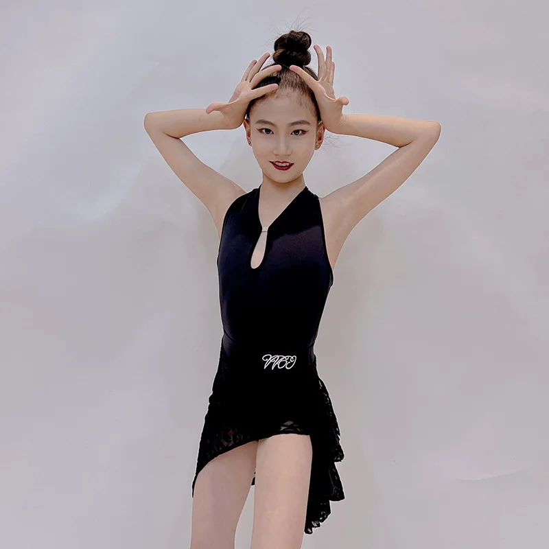 Latin Dance Dress Set Children Latin Dance Short Skirt Girl Black Split Dance Practice Costume Costume Custom