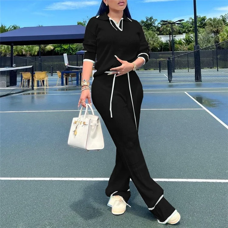 Casual Knitted Women Tracksuit Two Piece Trousers Sets 2023 Autumn Chic Long Sleeve Pullover Tops And Wide Leg Pants Suit