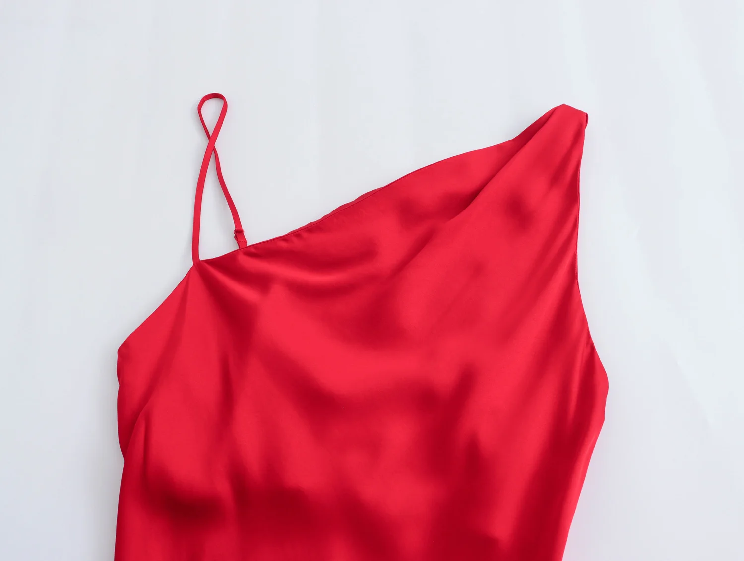 Red color asymmetrical design sleeveless silky casual fashion women satin long dress