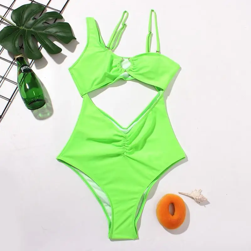 Green One Shoulder One Piece Swimsuit Hollow Slingshot Swimsuit Sexy Bikini Swimwear Neon