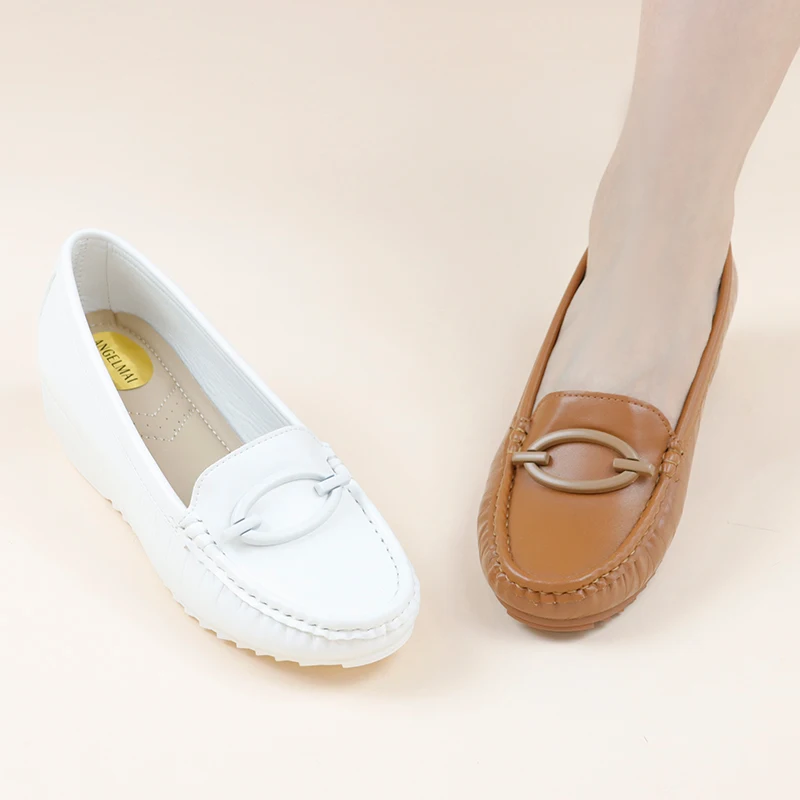 Round toe buckle Leisure Flats Soft PU wedge nurse shoes Female Casual Driving Footwear Women Moccasins Loafers Mother shoes