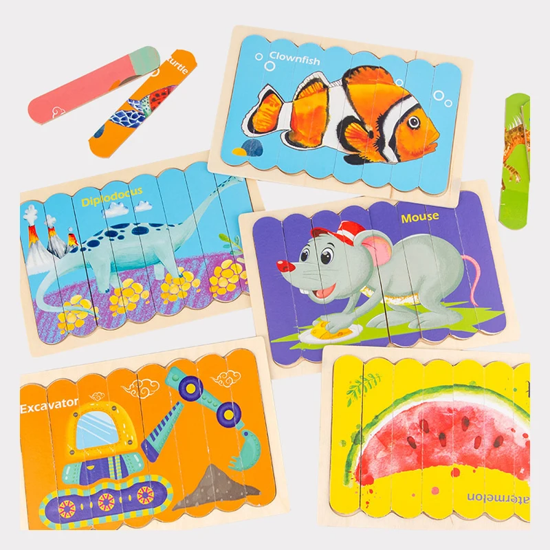 3D Bar Ice Cream Stick Strip Puzzle Toddler Fruit Animal Traffic Jigsaw Puzzle DIY Toy Factory Wholesale Cheap Wooden Toy
