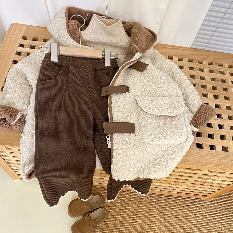 Ivy83635A Kids Girl Warm Fur Jacket Autumn Winter Korean Fashion Thickened Windbreakers Baby Children Hooded Duffle Coat