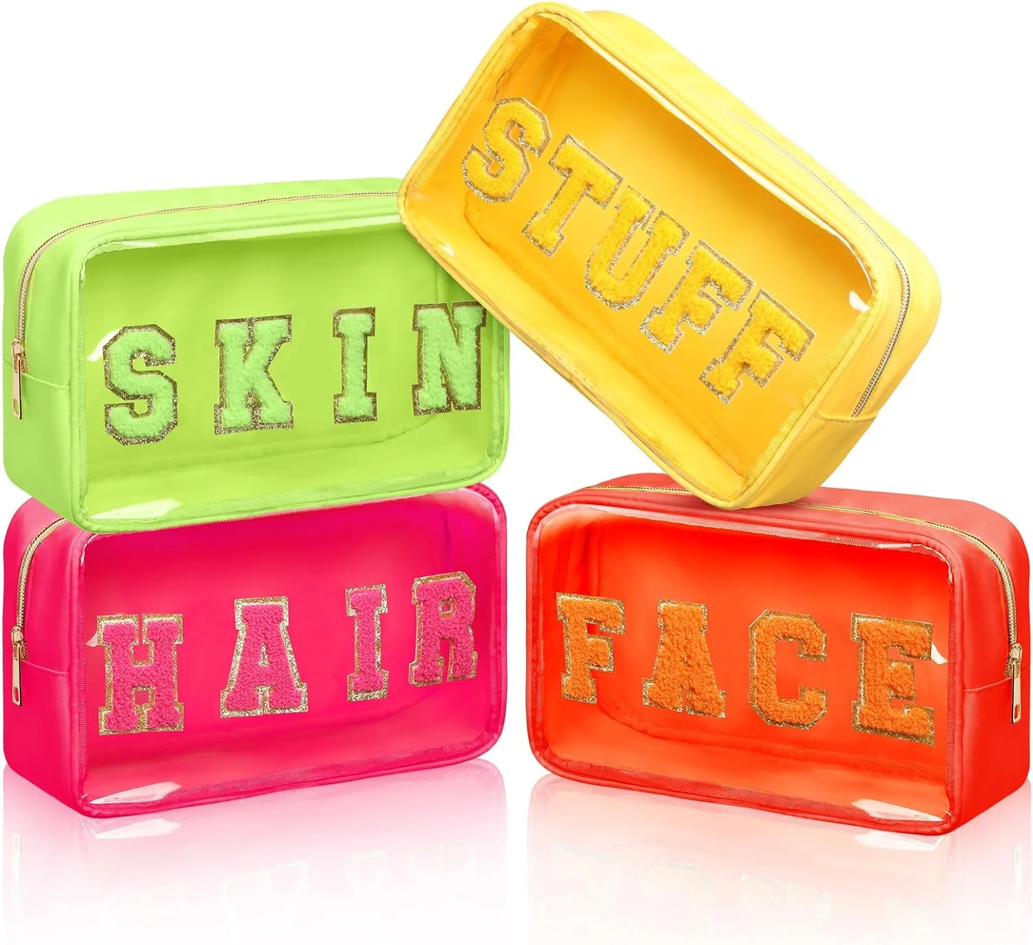 custom logo size printed pvc clear zipper bag waterproof chenille letter preppy patch cosmetic bags wholesale